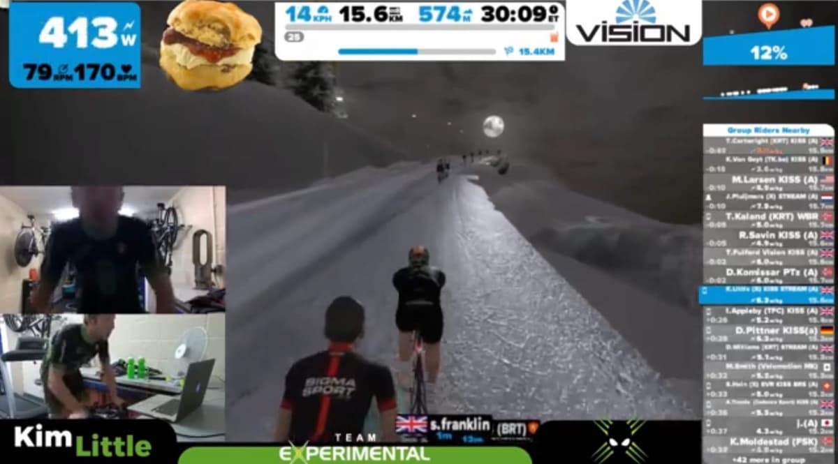 Kim little shows off scone power on Radio Tower with Zwift On Board
